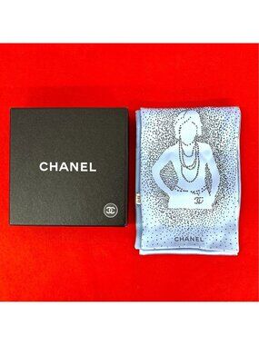 Chanel Logo Silk Scarf Pattern Bandana Shawl Light Blue 7 1